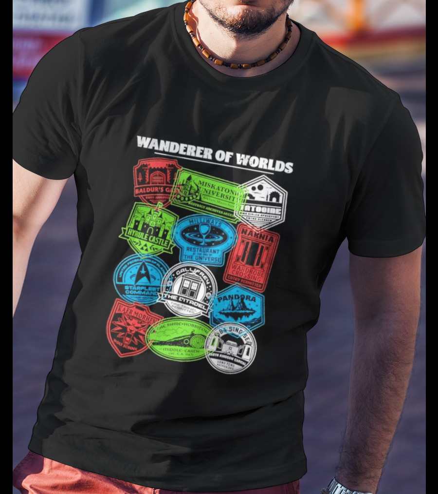 Wanderer Of Worlds Travel Stamps Baldur's Gate Miskatonic Hyrule Middle Earth Narnia T-Shirt