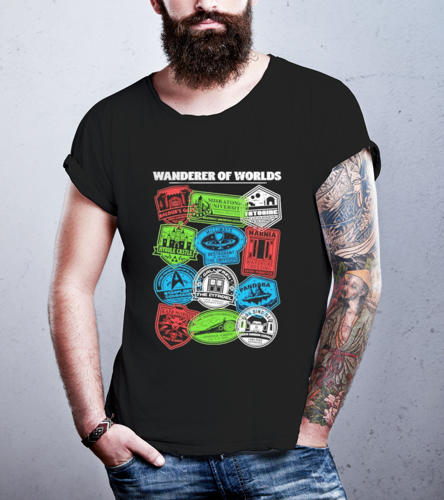 Wanderer Of Worlds Travel Stamps Baldur's Gate Miskatonic Hyrule Middle Earth Narnia T-Shirt