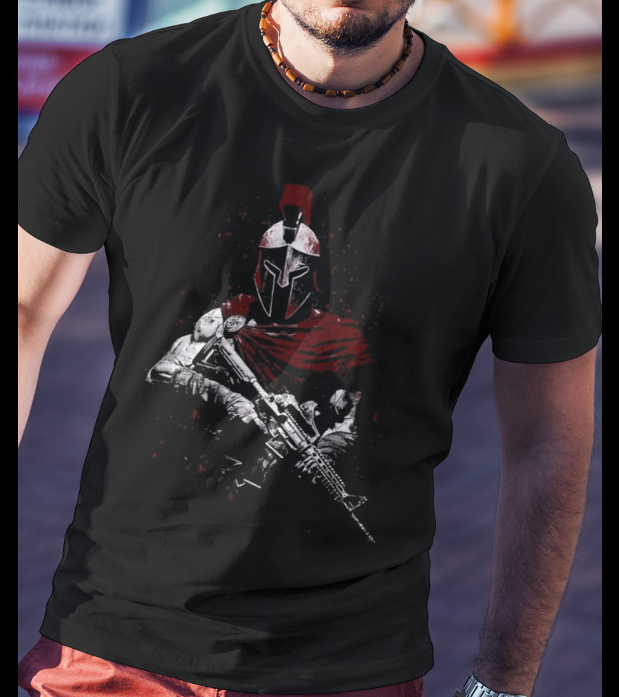 Warrior Ethos Holding Gun Wearing Spartan Helmet Blood Red Cape T-Shirt