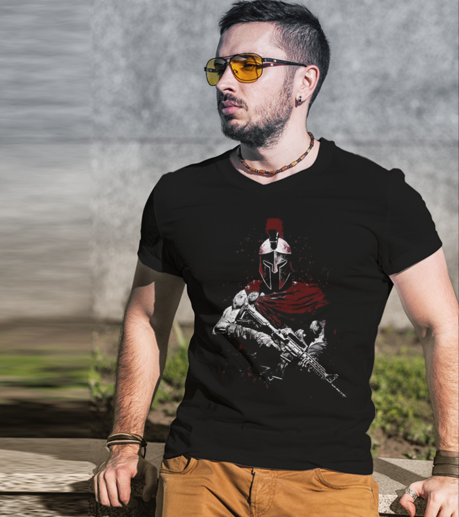 Warrior Ethos Holding Gun Wearing Spartan Helmet Blood Red Cape T-Shirt