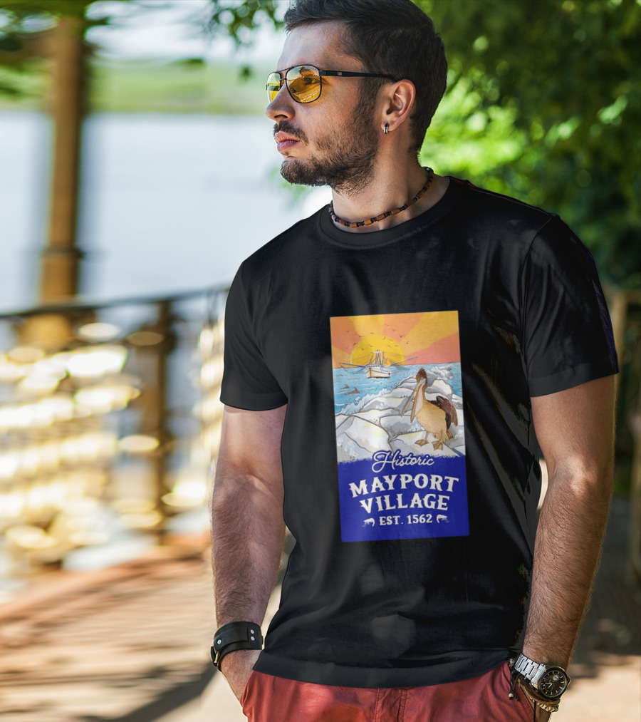 Historic Mayport Village EST 1562 Ocean Sunrise Pelican And Fishing Boat T-Shirt