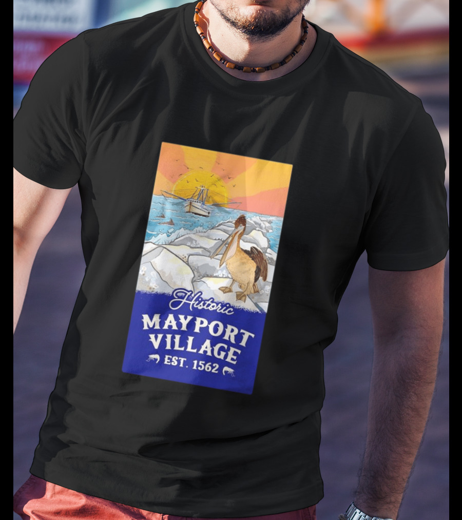 Historic Mayport Village EST 1562 Ocean Sunrise Pelican And Fishing Boat T-Shirt