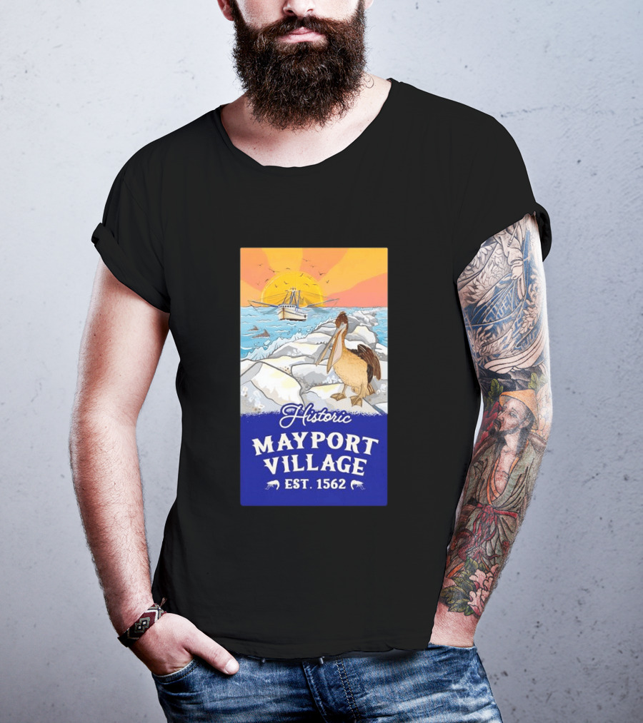Historic Mayport Village EST 1562 Ocean Sunrise Pelican And Fishing Boat T-Shirt