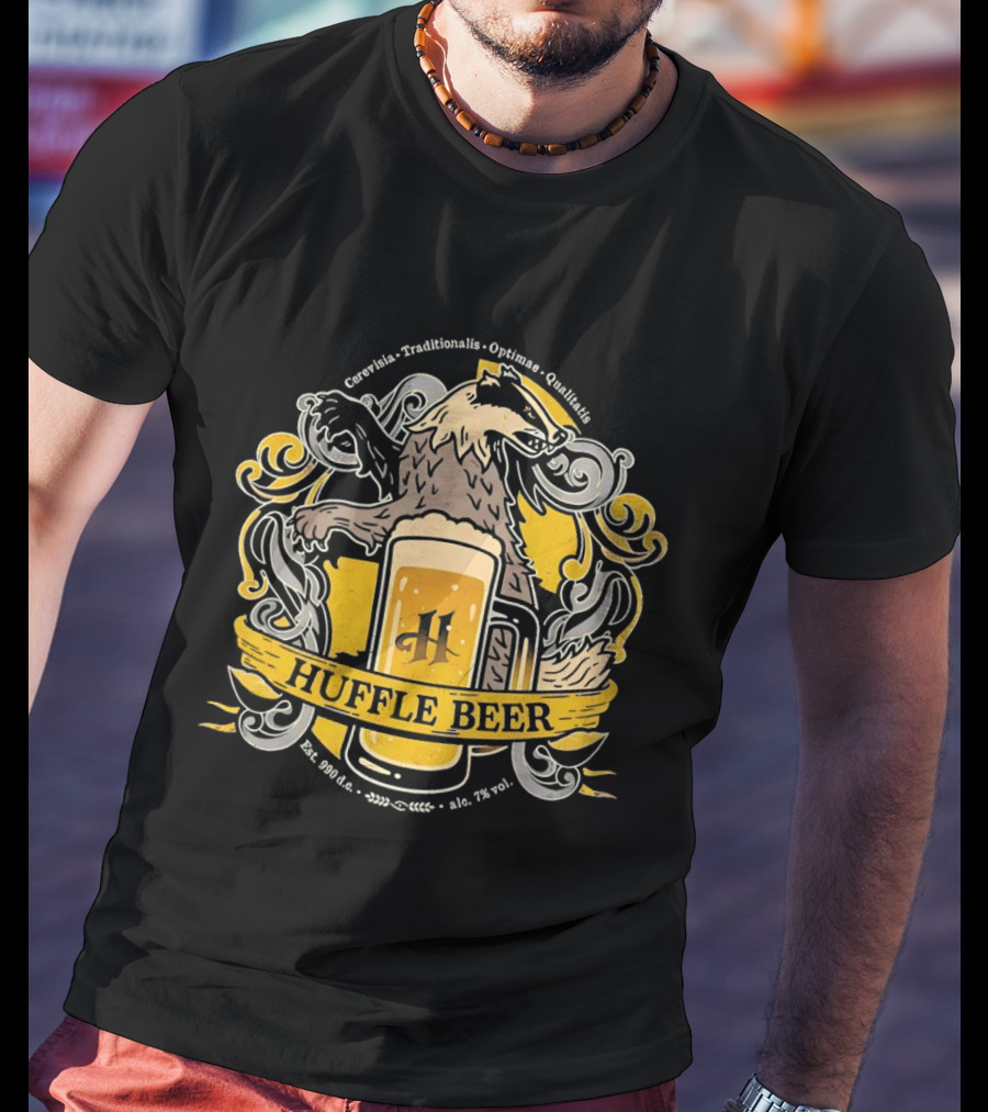 Huffle Beer Cerevisia Traditionalis Optimae Qualitatis 990 D C Badge With And Badger T-Shirt