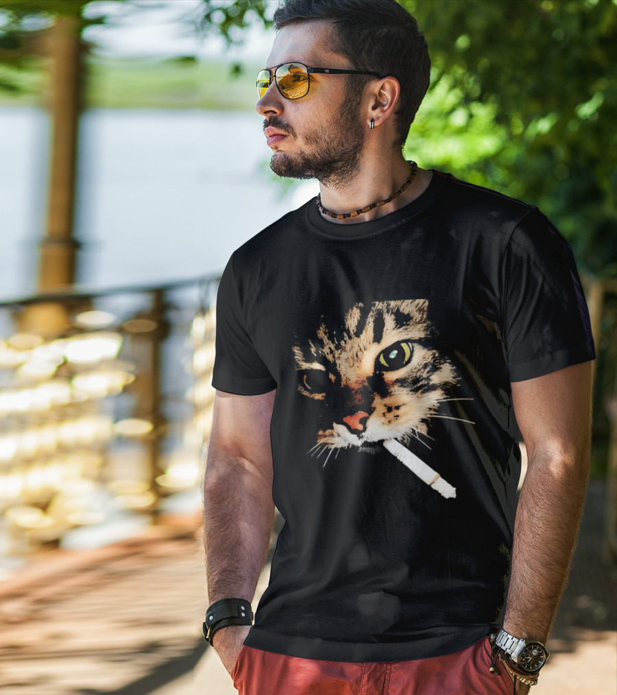 Cat Smoking Big Head Meme Artfully Distorted Feline Expression T-Shirt