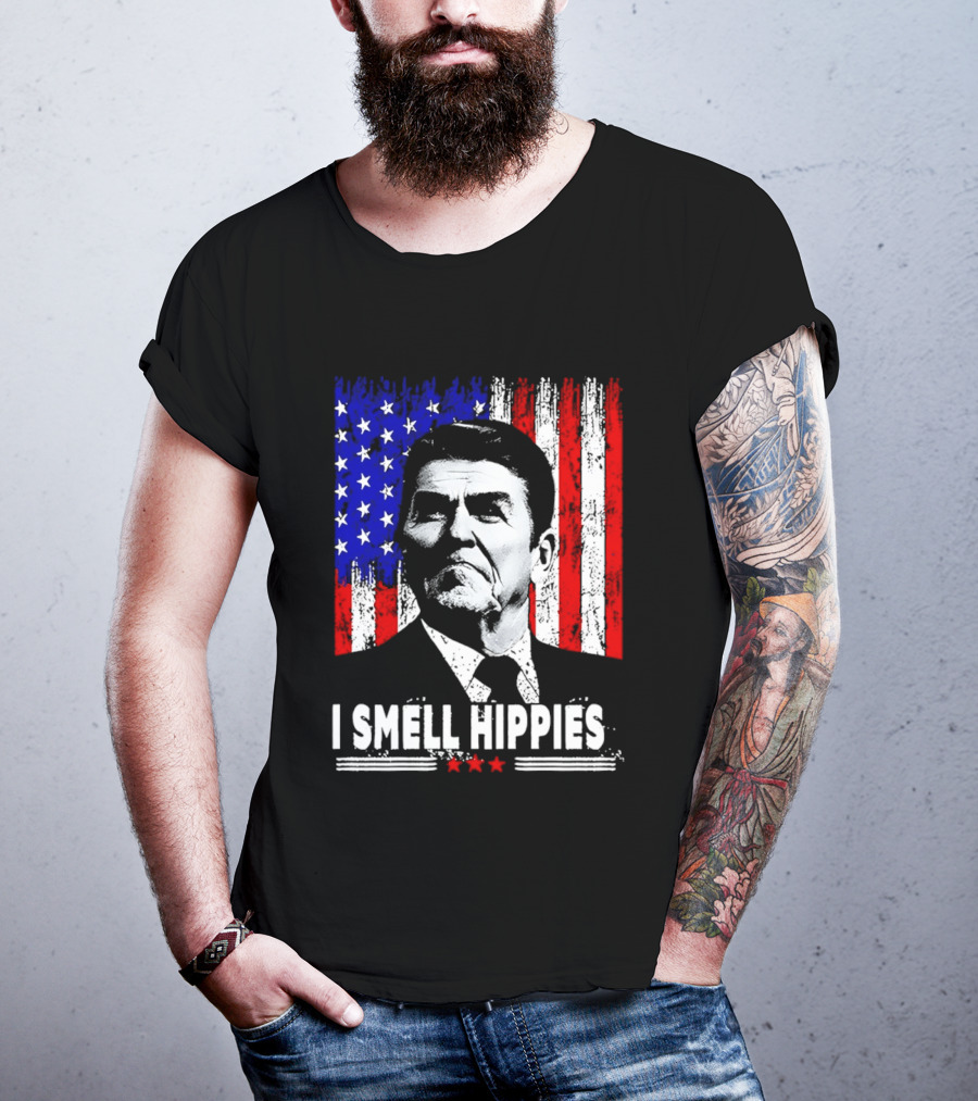I Smell Hippies Reagan USA Flag Stars And Stripes T-Shirt