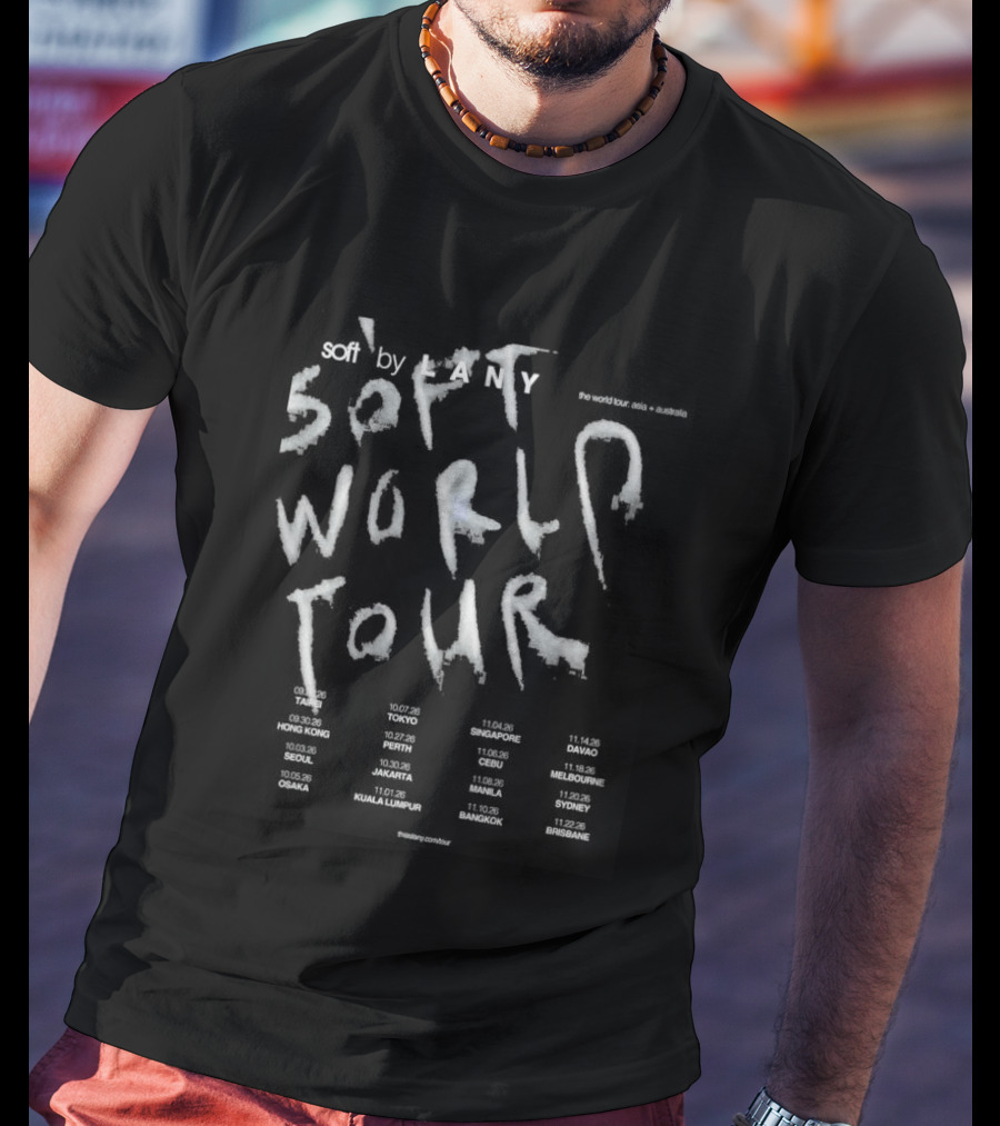 Lany Band 2026 Soft World Tour Dates Retro Grunge Style With Distressed Typography And Event Cities T-Shirt