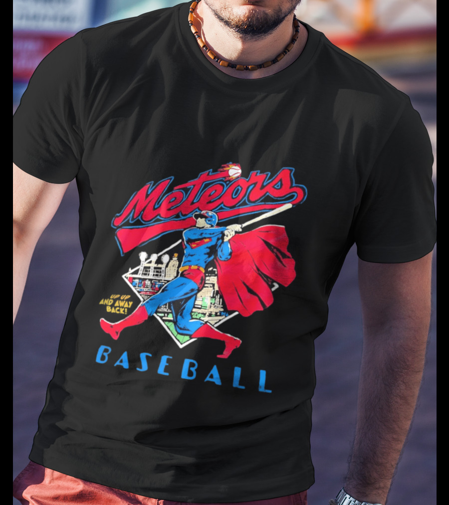 Meteors Baseball Superhero Swinging Bat Power City Stadium Iconic Comic T-Shirt