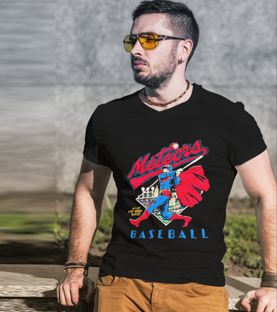 Meteors Baseball Superhero Swinging Bat Power City Stadium Iconic Comic T-Shirt