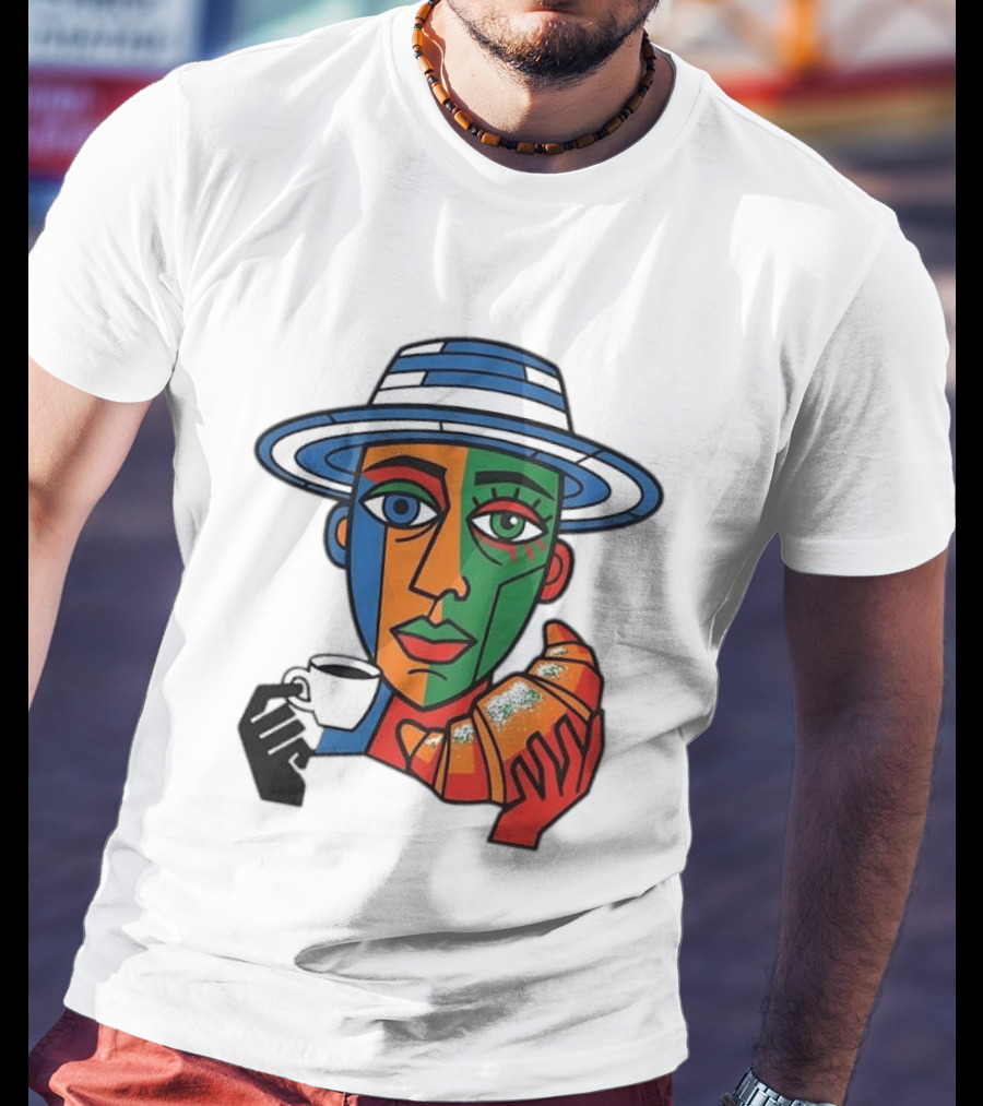 Cubist Coffee Drinker With Hat And Croissant T-Shirt