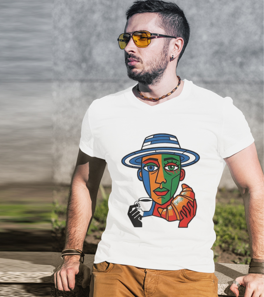 Cubist Coffee Drinker With Hat And Croissant T-Shirt