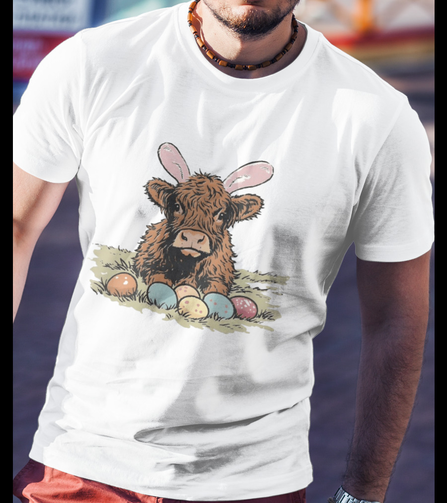 Highland Cow With Easter Eggs And Bunny Ears Easter Day 2026 T-Shirt