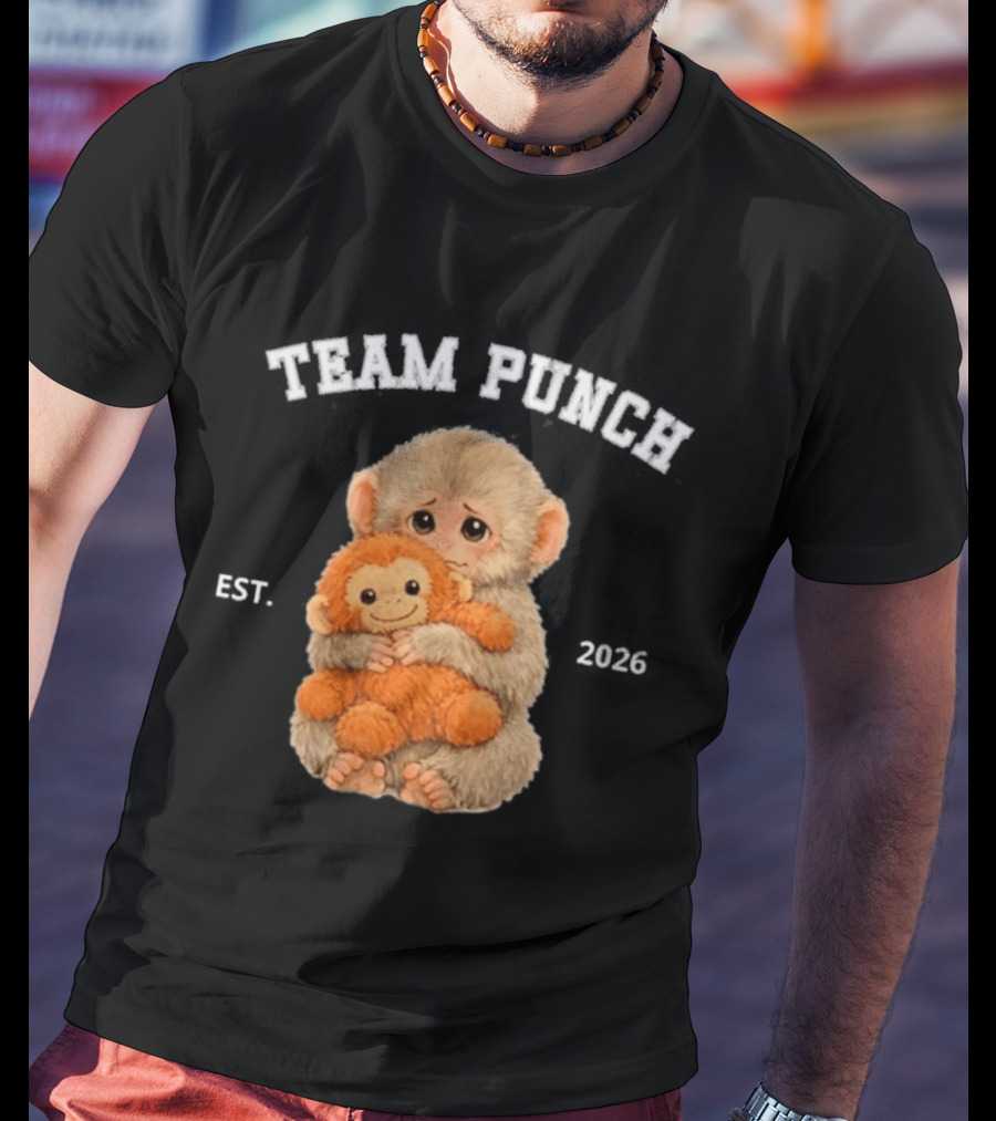 Team Punch Monkey EST 2026 Cute Baby Monkey Holding Plush Toy T-Shirt