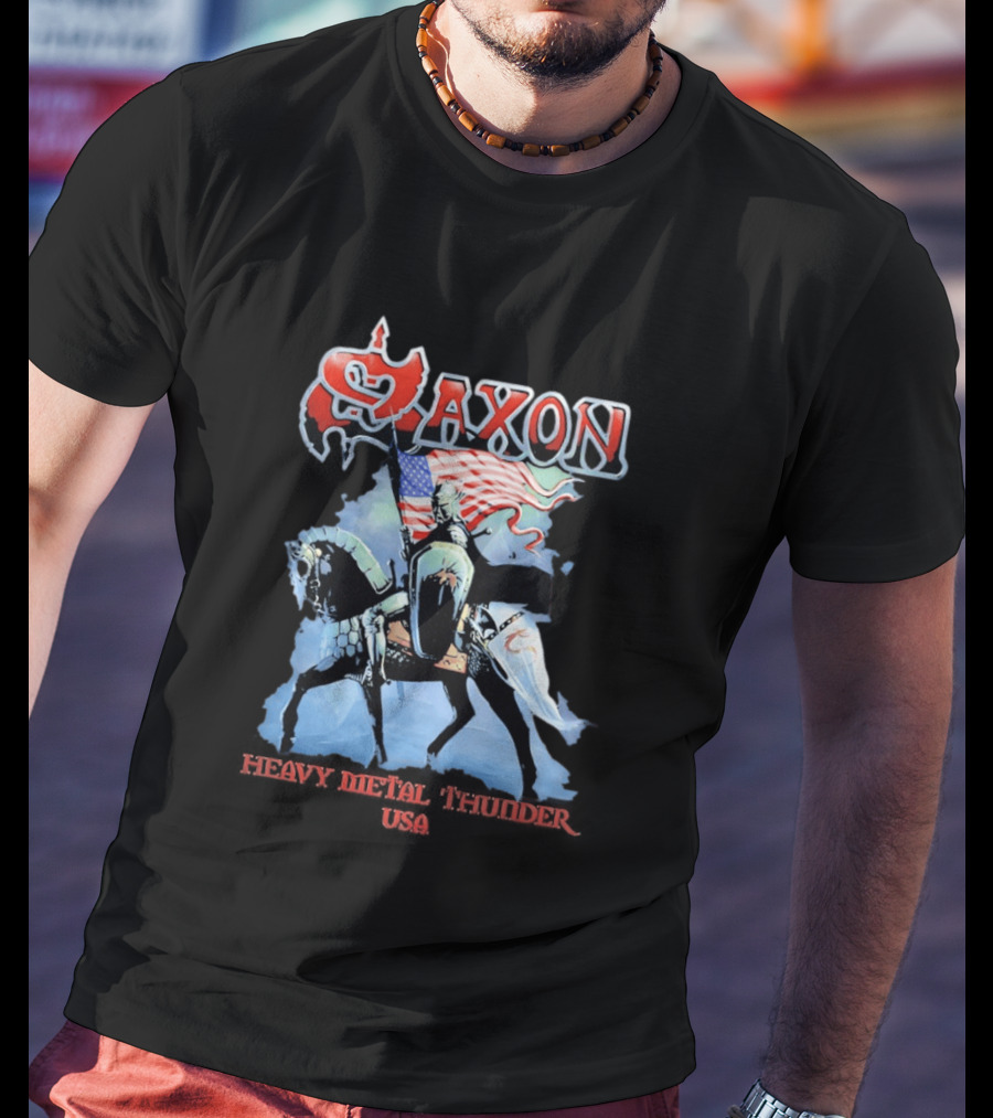 Saxon Heavy Metal Knight With American Flag USA T-Shirt