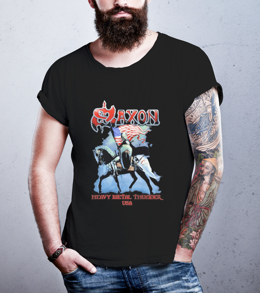 Saxon Heavy Metal Knight With American Flag USA T-Shirt