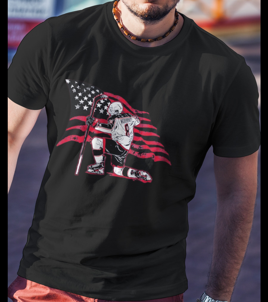 Zach Werenski 8 Columbus Blue Jackets Kneeling Pose American Flag Hockey T-Shirt