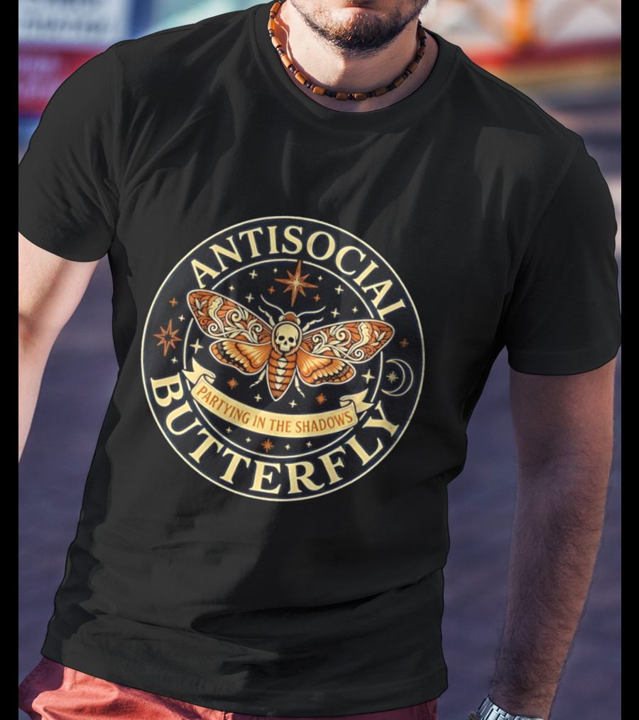 Antisocial Butterfly Skull Moth Dark Cosmic Partying In The Shadows T-Shirt