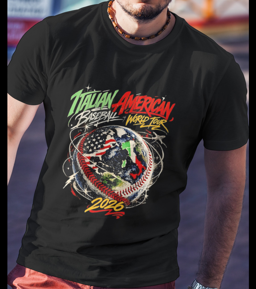 Italian American Baseball World Tour 2026 Flag Design Globe Baseball T-Shirt