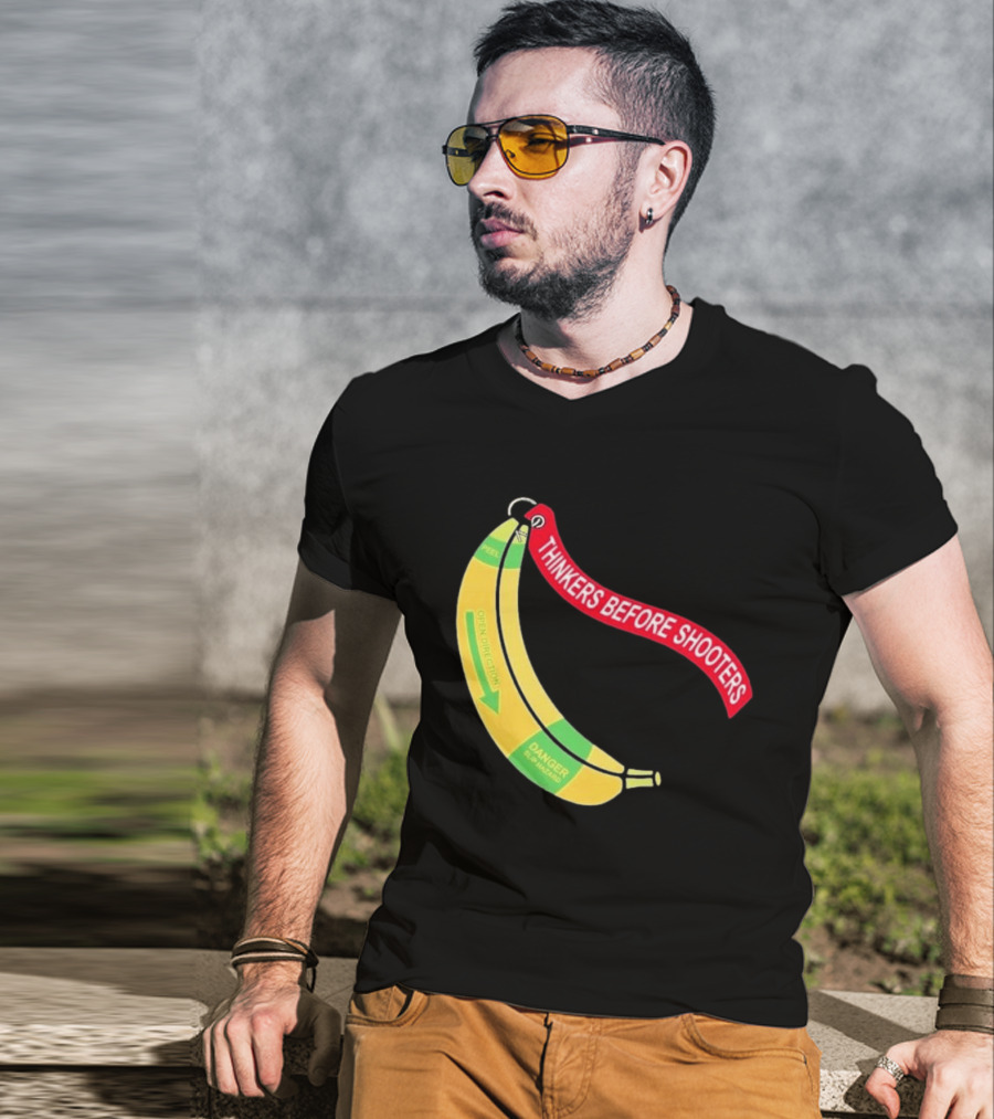 Thinkers Before Shooters John Jackson Banana Warning Peel Open Direction T-Shirt