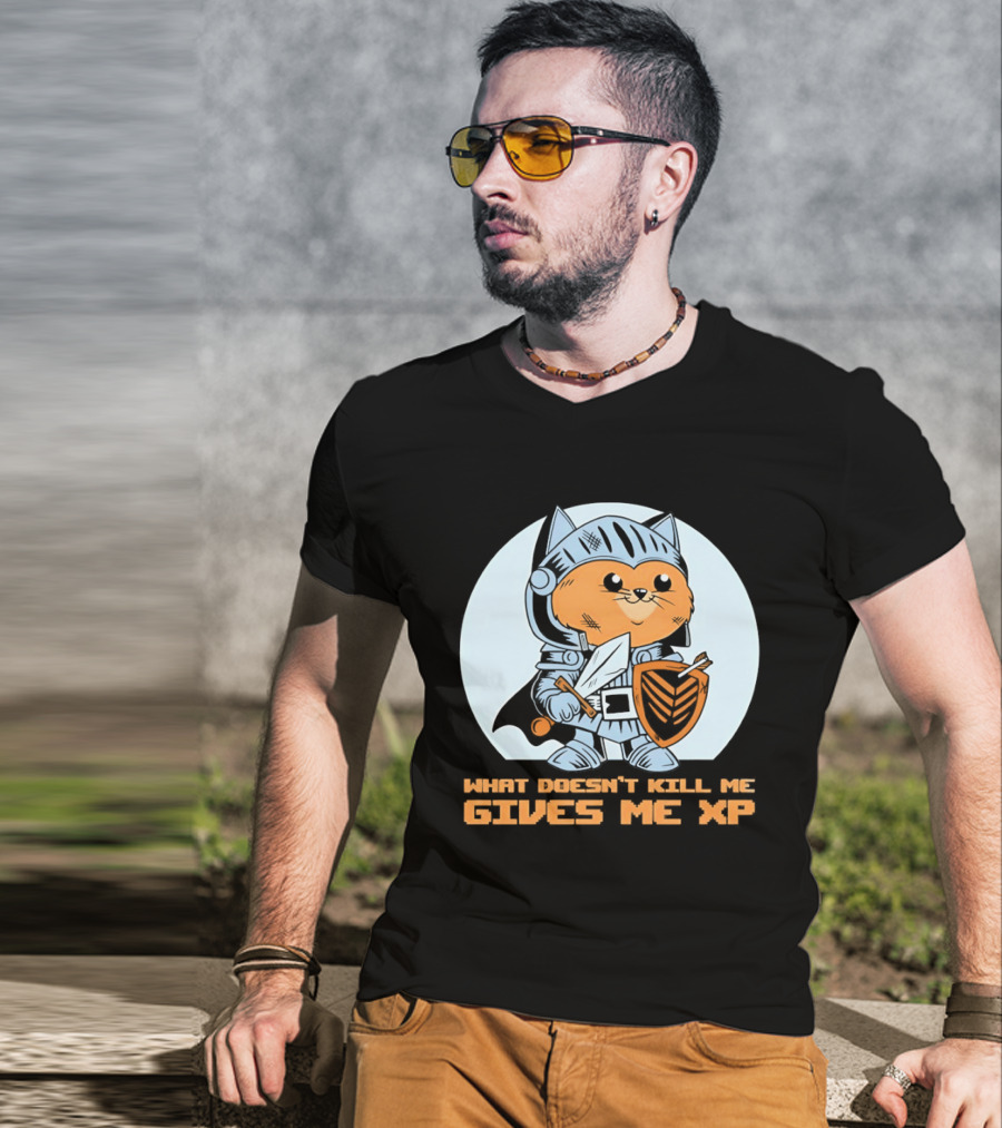 Knight Cat Holding Sword And Shield What Doesn't Kill Me Gives Me XP T-Shirt