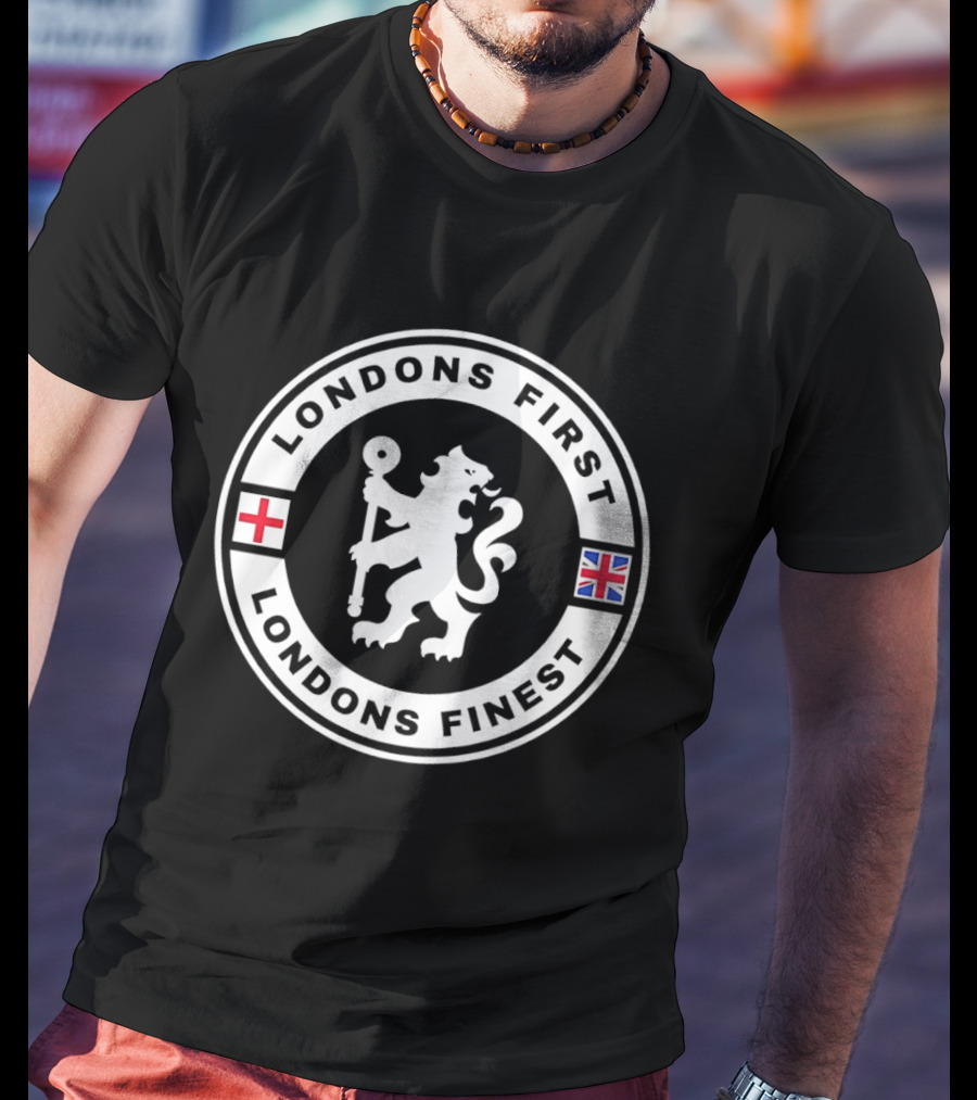London's First London's Finest Lion Emblem Red And Blue Flags T-Shirt