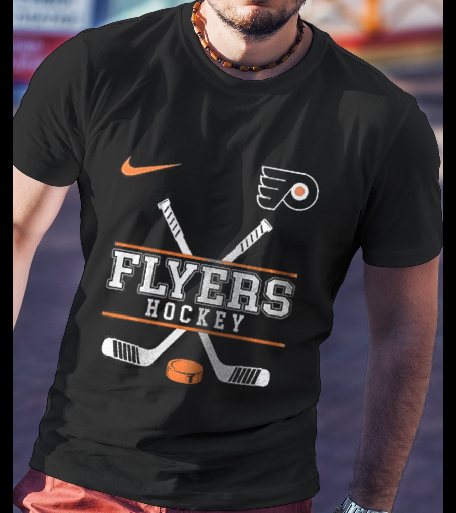 Philadelphia Flyers Nike Hockey Crossed Sticks And Puck T-Shirt