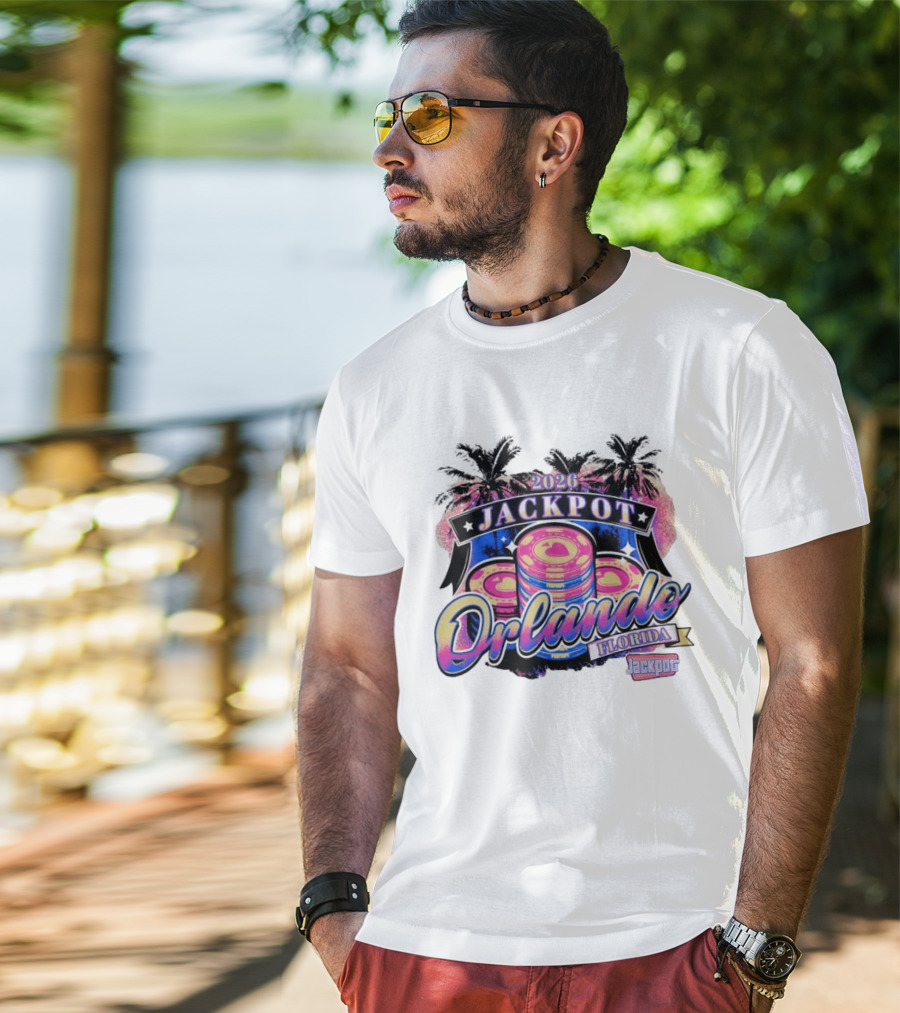 2026 Jackpot Orlando Florida Event With Palm Trees And Poker Chips T-Shirt