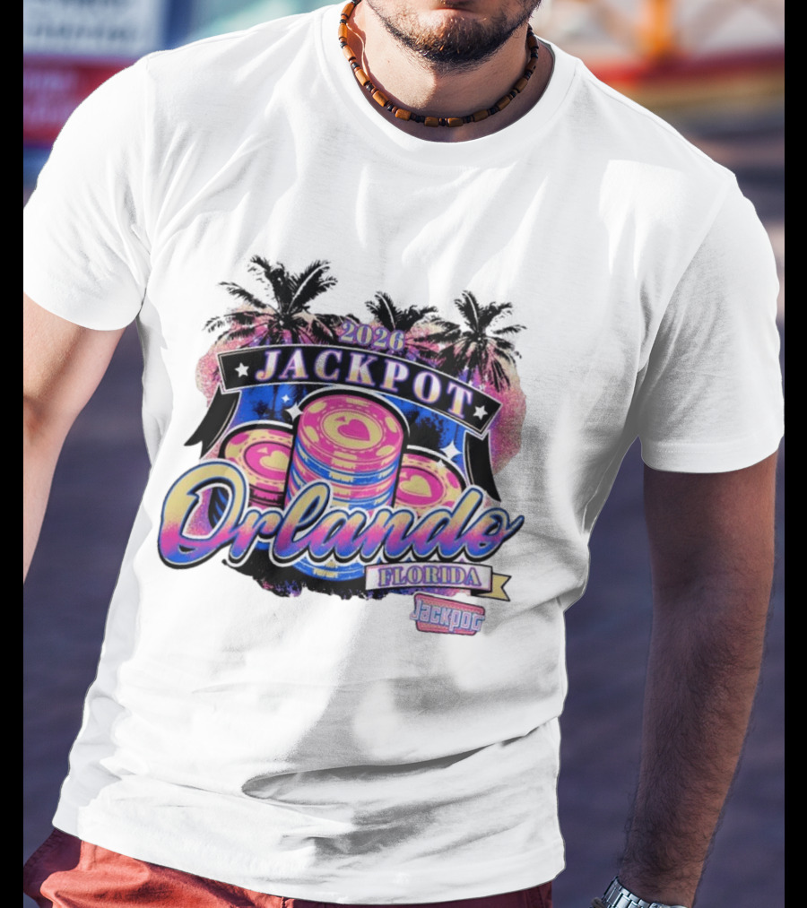 2026 Jackpot Orlando Florida Event With Palm Trees And Poker Chips T-Shirt