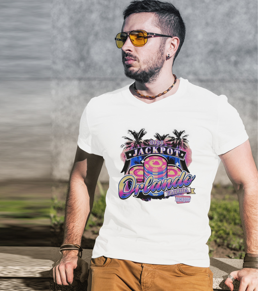 2026 Jackpot Orlando Florida Event With Palm Trees And Poker Chips T-Shirt