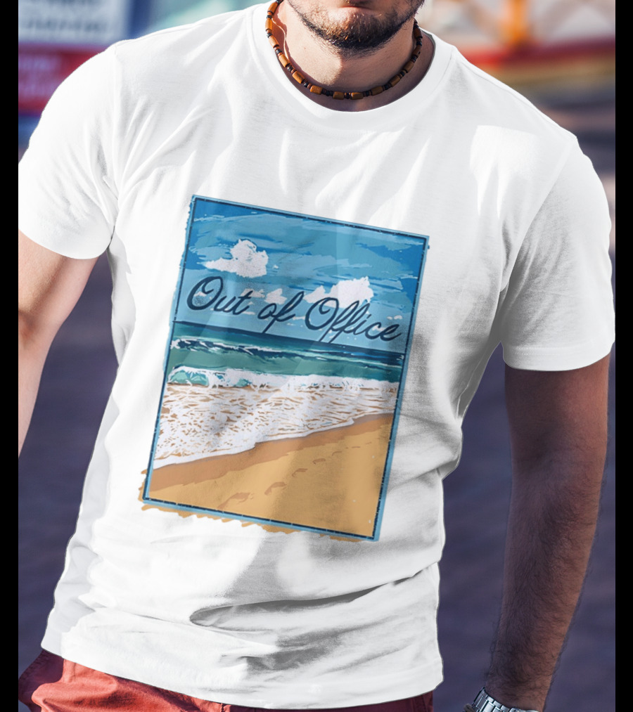 Out Of Office Beach Painting Photo 2025 Blue Sky Ocean Waves Sand T-Shirt