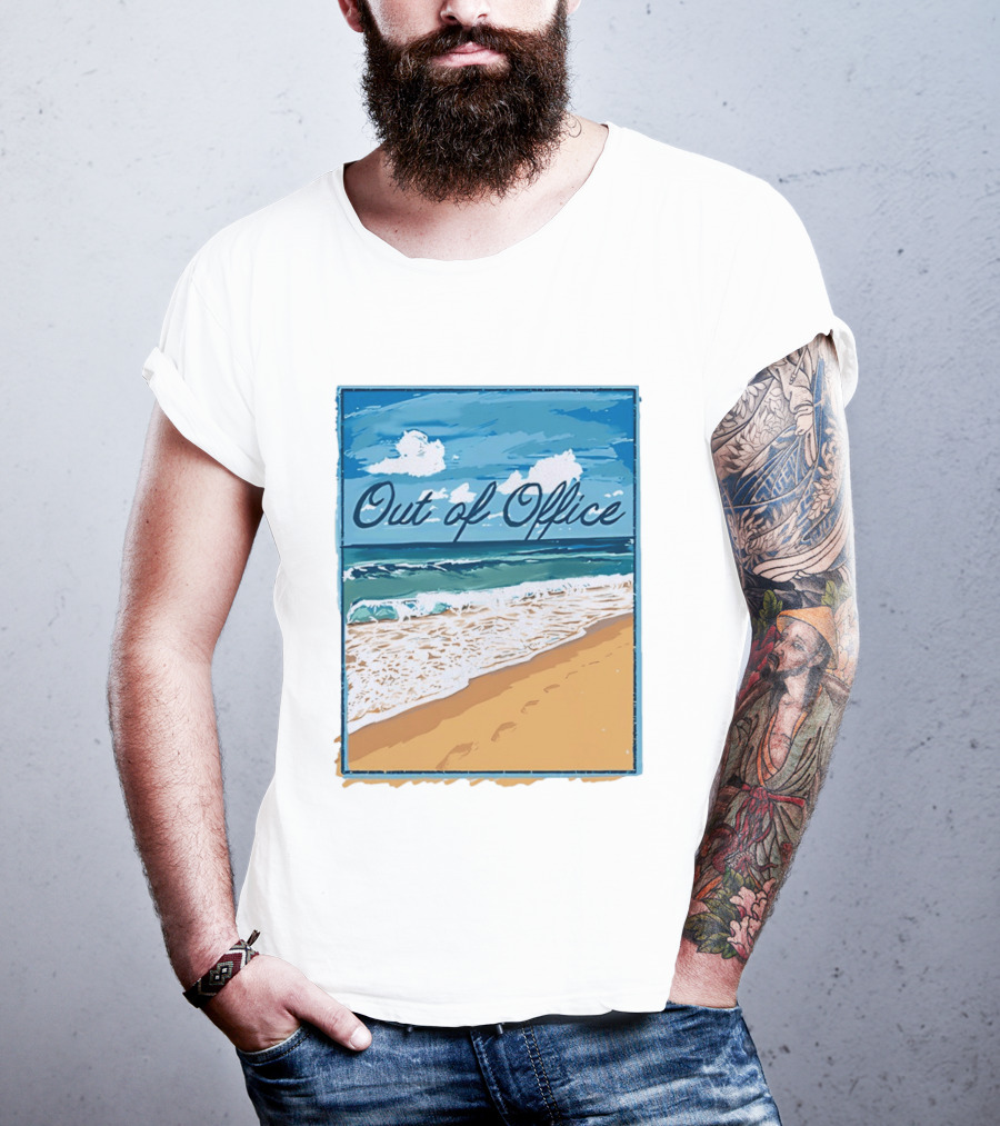 Out Of Office Beach Painting Photo 2025 Blue Sky Ocean Waves Sand T-Shirt