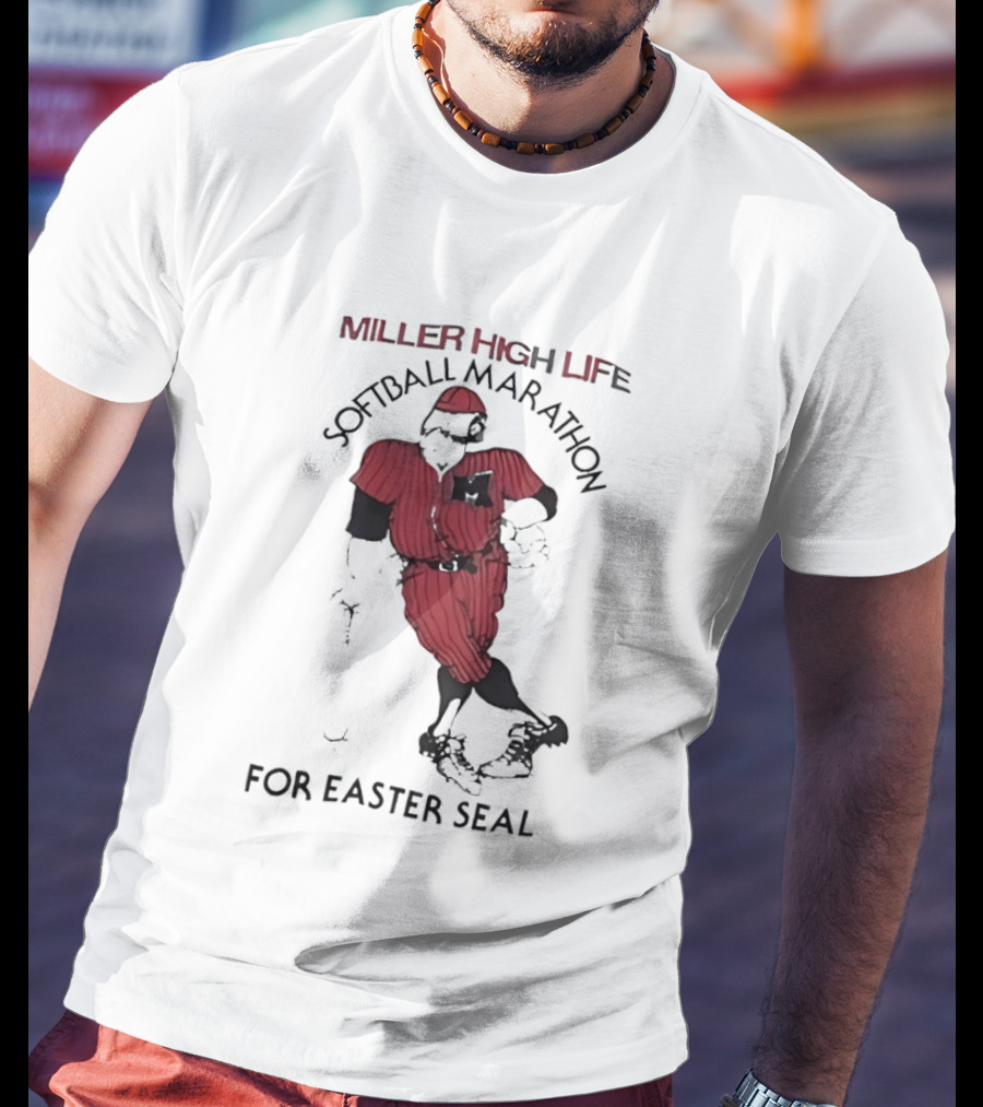 Miller High Life Softball Marathon For Easter Seal Player In Red Uniform T-Shirt
