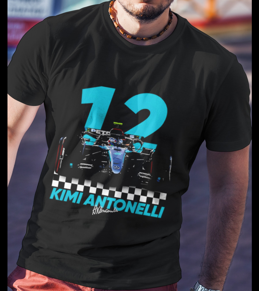 Kimi Antonelli 12 Formula One Racing Car With Checkered Flag T-Shirt
