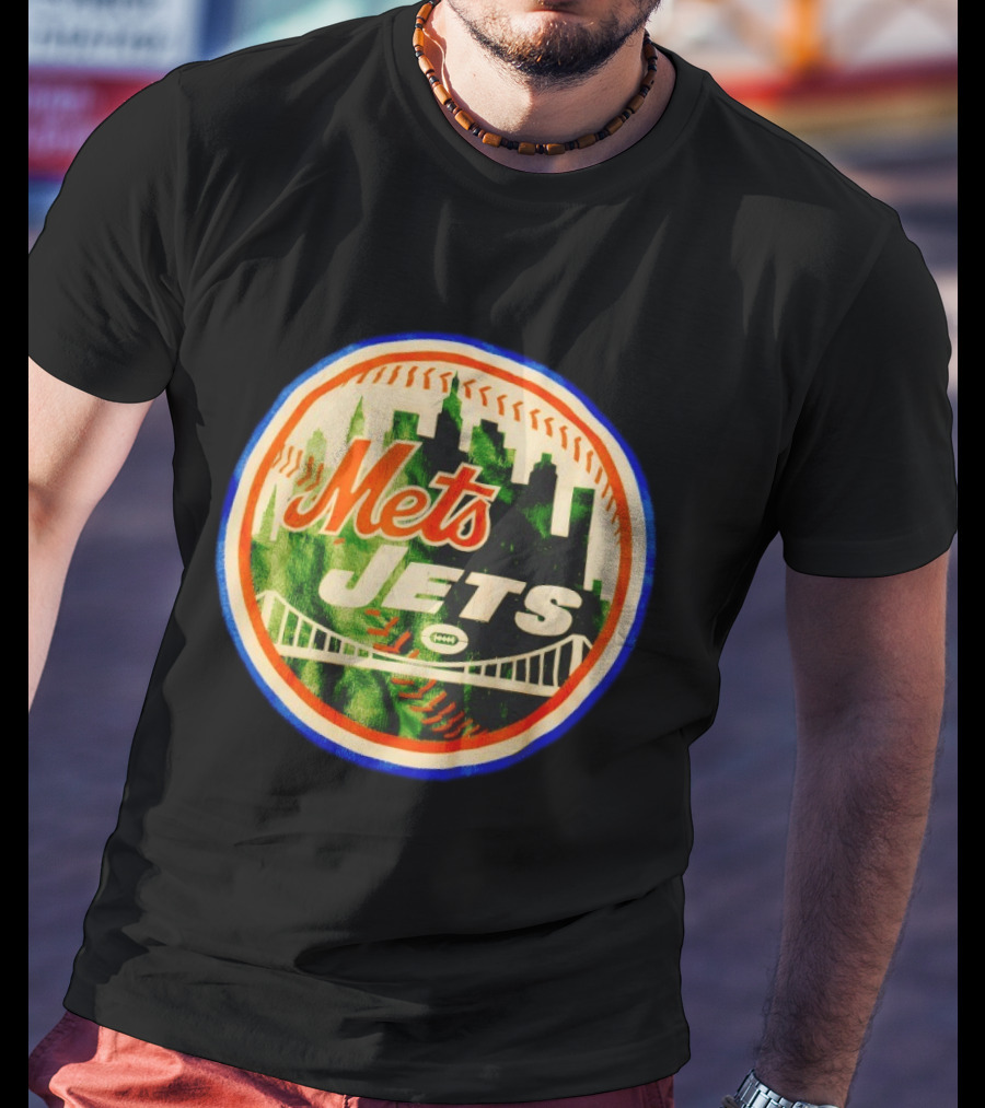 New York Mets Jets Football Baseball Crossover Skyline Bridge T-Shirt