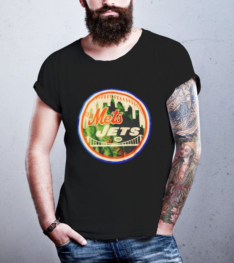 New York Mets Jets Football Baseball Crossover Skyline Bridge T-Shirt