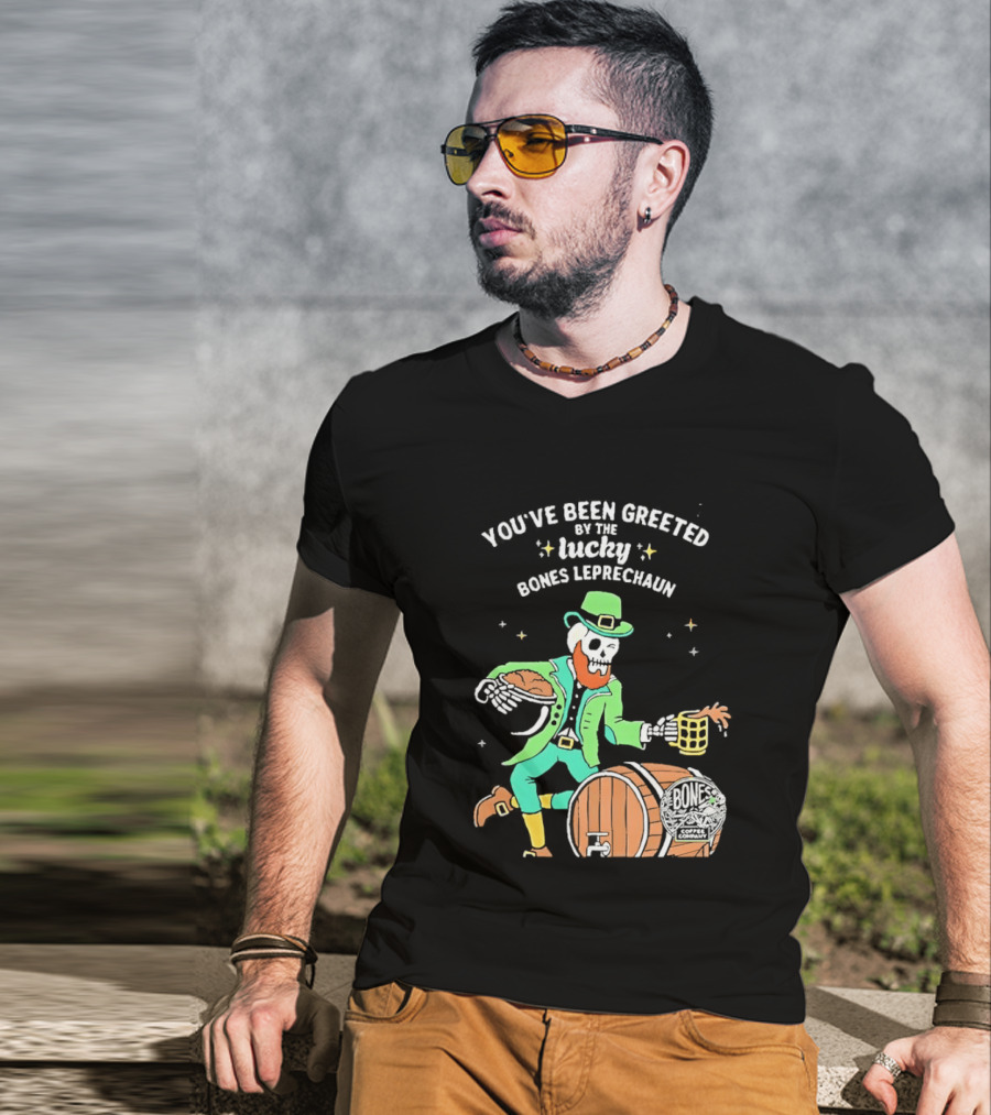 Lucky Bones Leprechaun With Beer And Barrel Celebration T-Shirt
