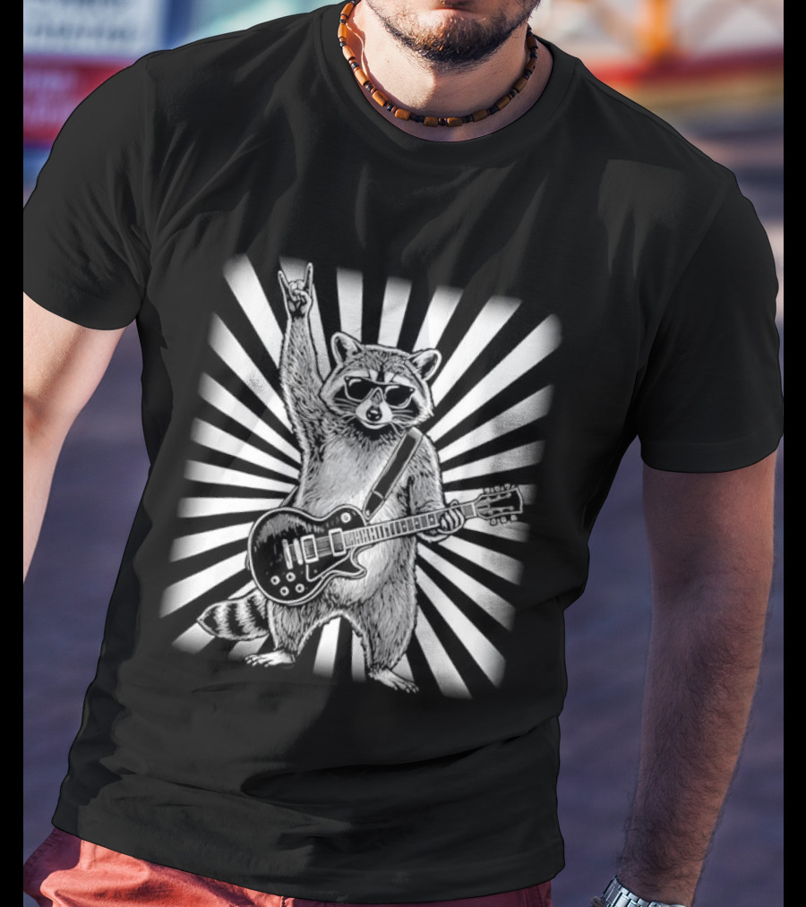 Raccoon With Guitar Rocking Out Retro Style Starburst T-Shirt