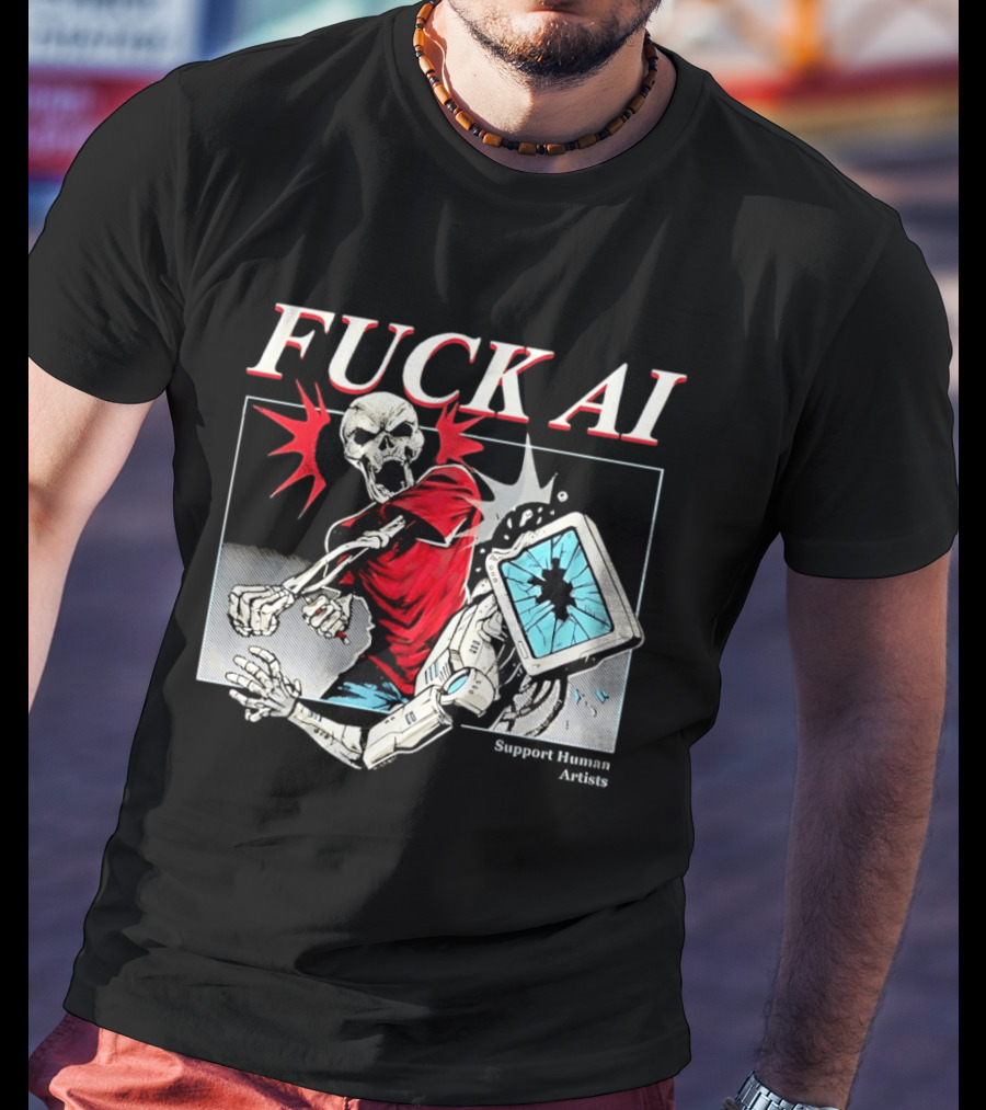 Skeleton Punch Robot Fuck AI Support Human Artists T-Shirt