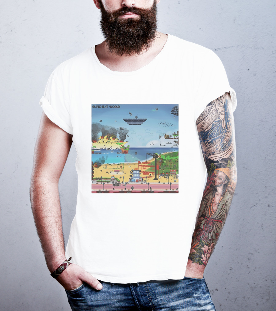 Super Flat World Cartoon Pixel Art Adventure Beach Cityscape Fantasy T-Shirt