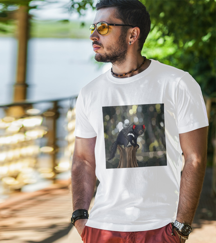 Tasmanian Devil With Machine Gun Cartoon On Tree Stump T-Shirt