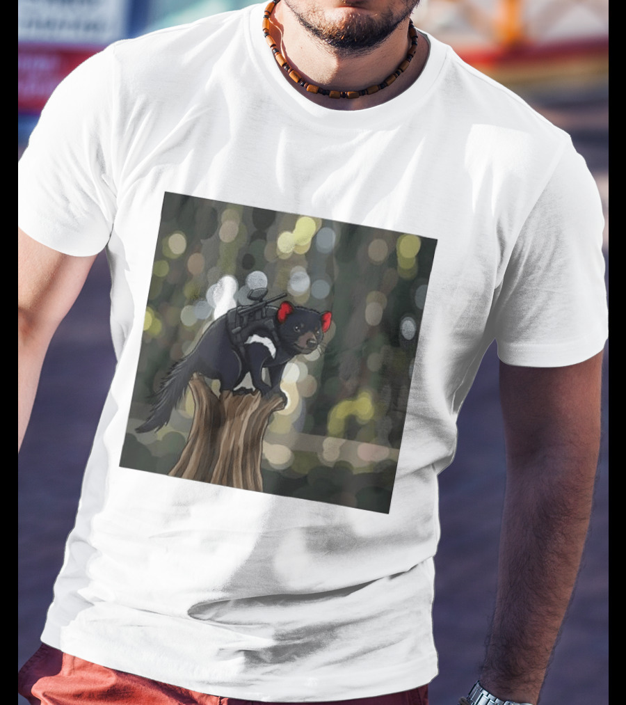 Tasmanian Devil With Machine Gun Cartoon On Tree Stump T-Shirt
