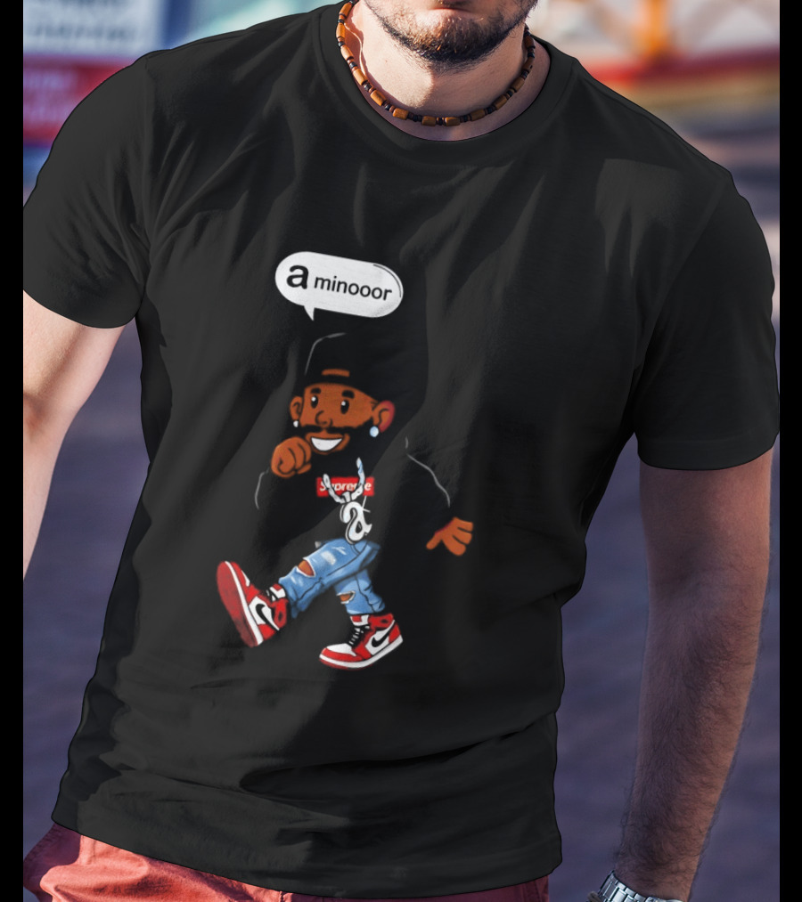 Kendrick Lamar Streetwear Cartoon Miniooor Red Sneakers Blue Jeans T-Shirt