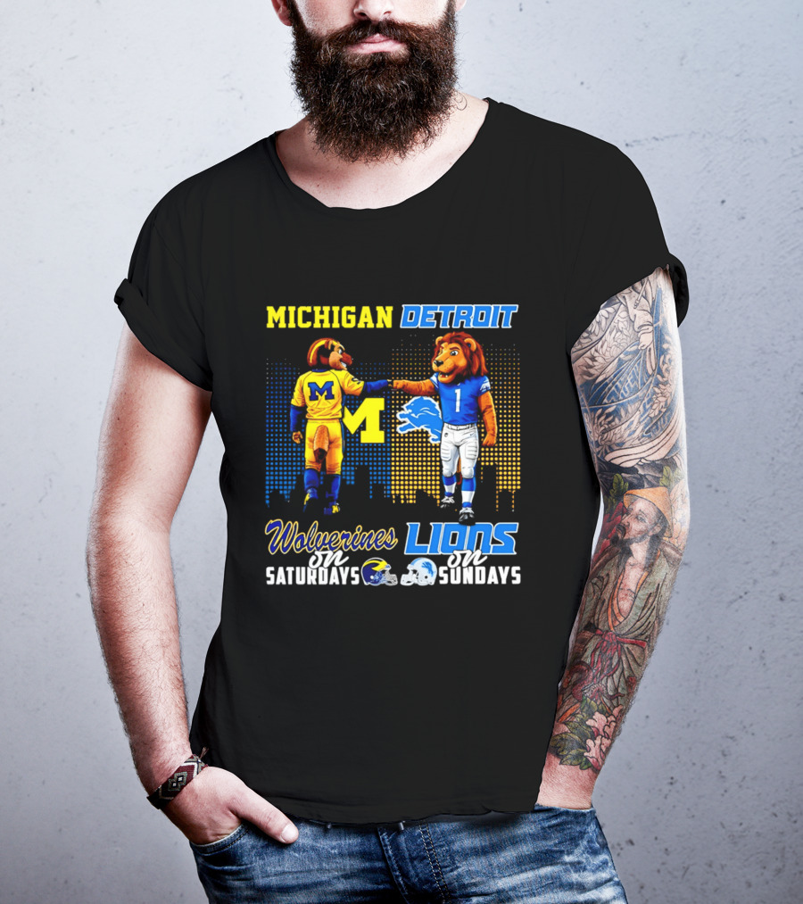 Michigan Wolverines Saturdays Detroit Lions Sundays Skyline T-Shirt