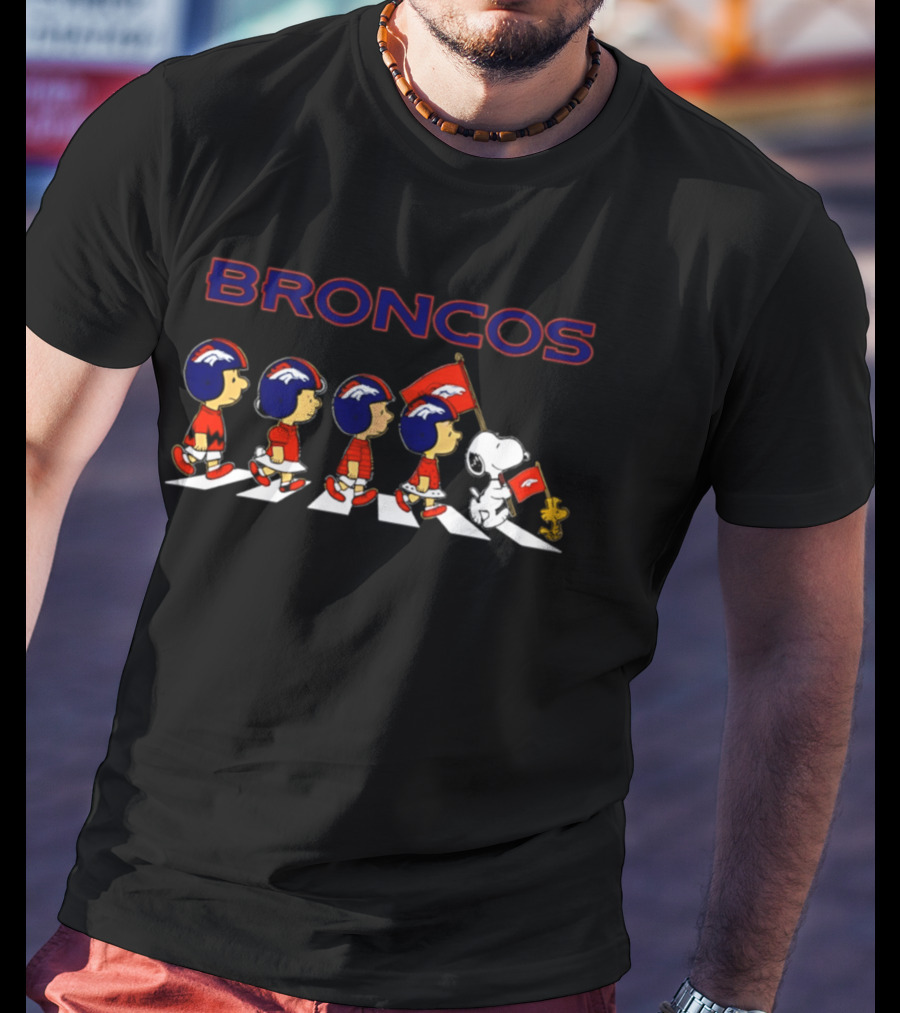 Peanuts Characters Walking With Denver Broncos Football Helmets And Flag T-Shirt