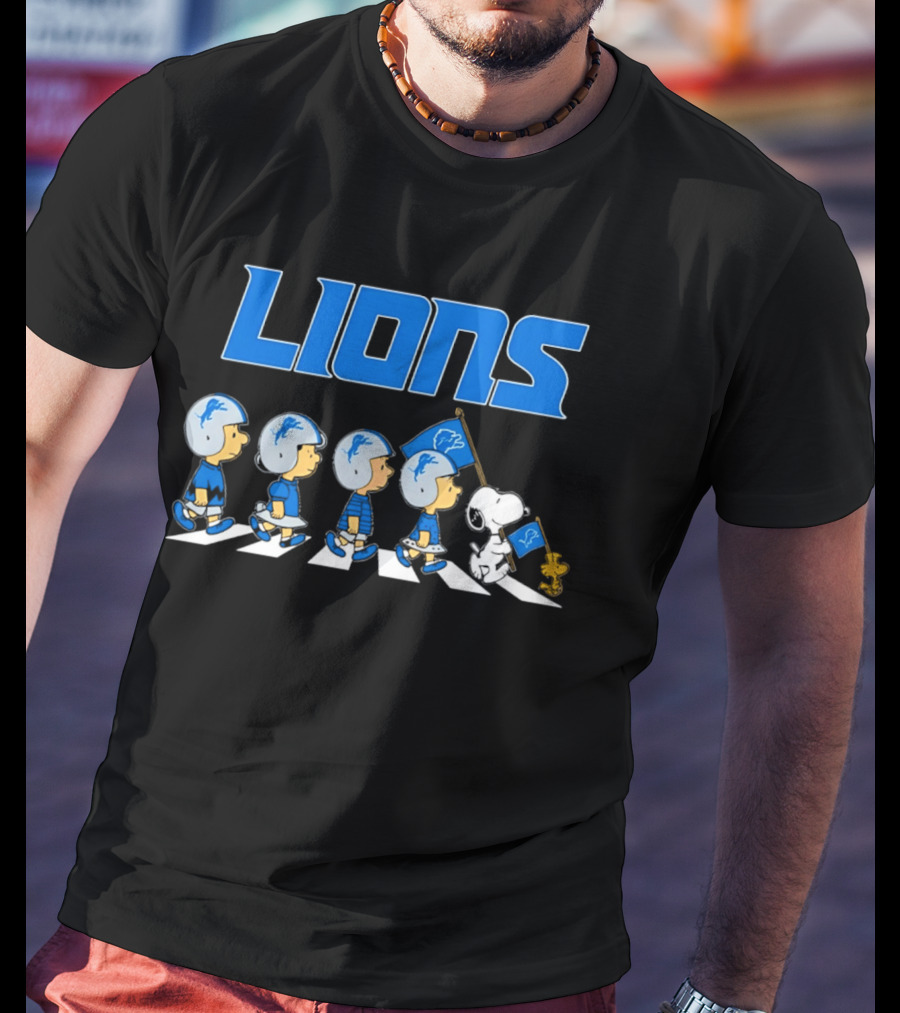 Peanuts Detroit Lions Football Flag Walking Abbey Road T-Shirt