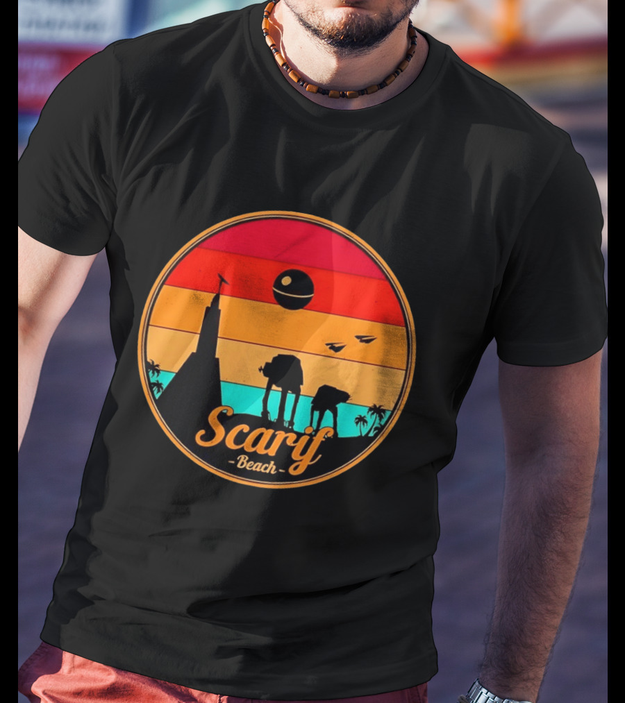 Scarif Beach Sunset With AT ACT Walkers And Death Star T-Shirt