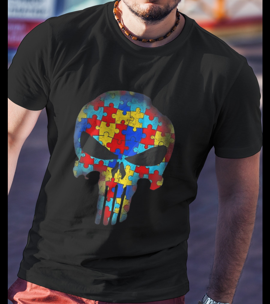 Skull Autism Awareness Puzzle Piece Professional T-Shirt