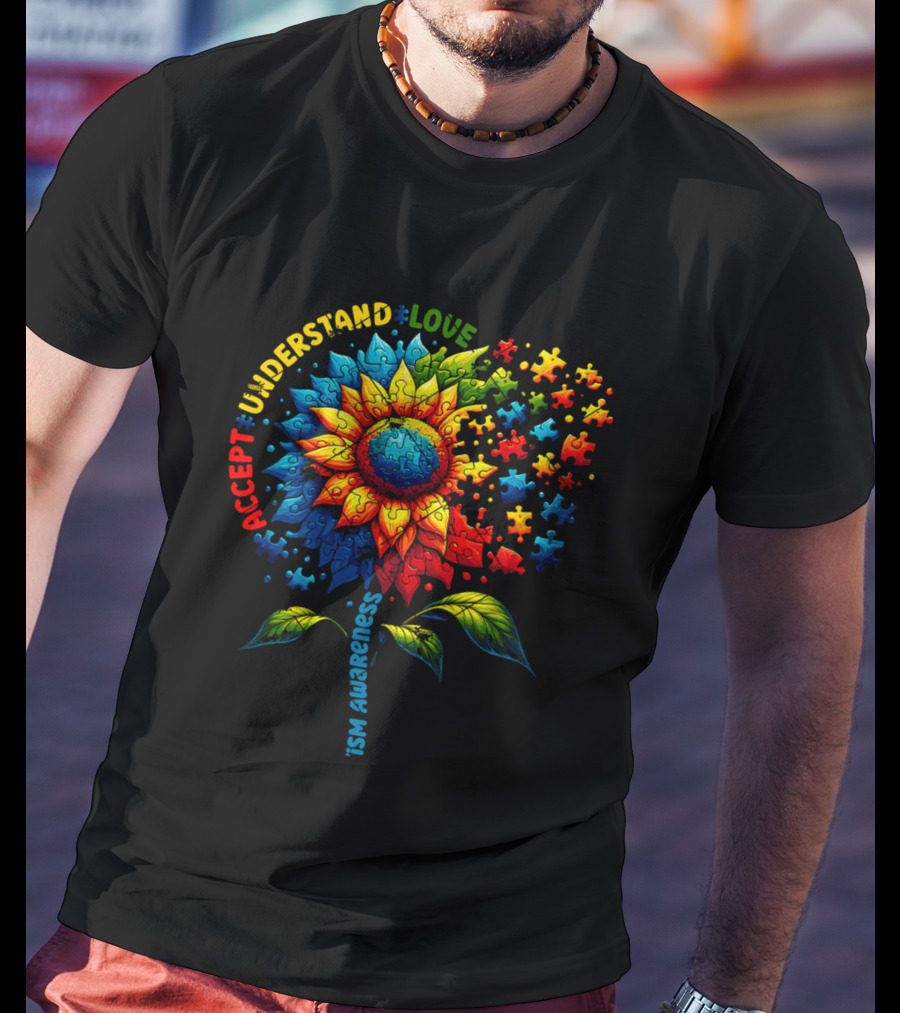 Accept Understand Love Sunflower Autism Awareness Puzzle Pieces T-Shirt