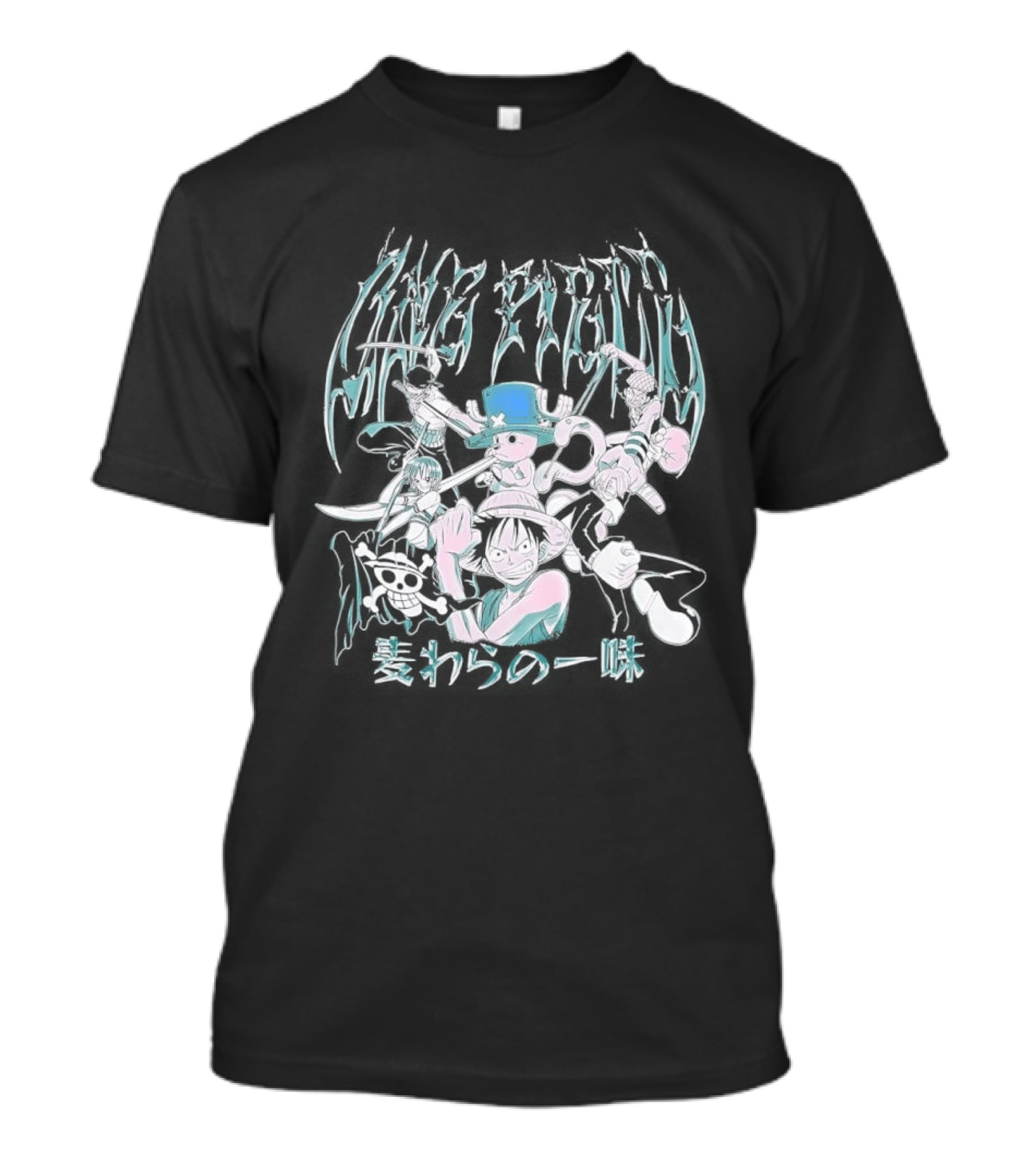 One Piece Group Chrome Luffy Zoro Nami Sanji Chopper Tony Tony Pirate Crew Manga Anime Style Kanji T-Shirt