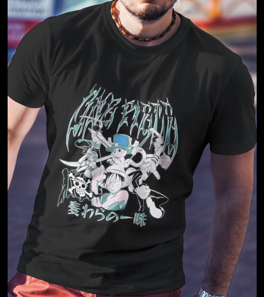 One Piece Group Chrome Luffy Zoro Nami Sanji Chopper Tony Tony Pirate Crew Manga Anime Style Kanji T-Shirt